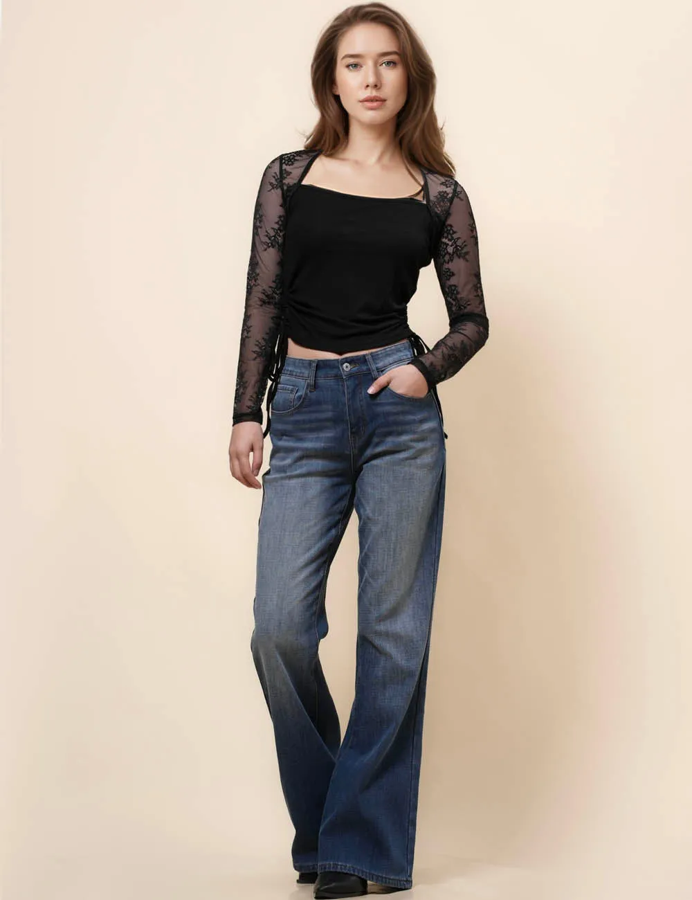 Ladies Square Neck Floral Lace Sleeves Blouse SKT4992