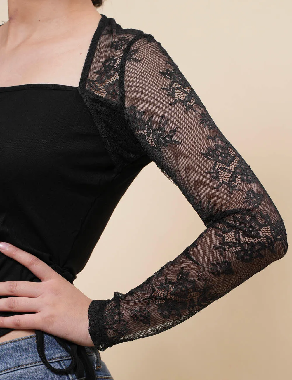 Ladies Square Neck Floral Lace Sleeves Blouse SKT4992