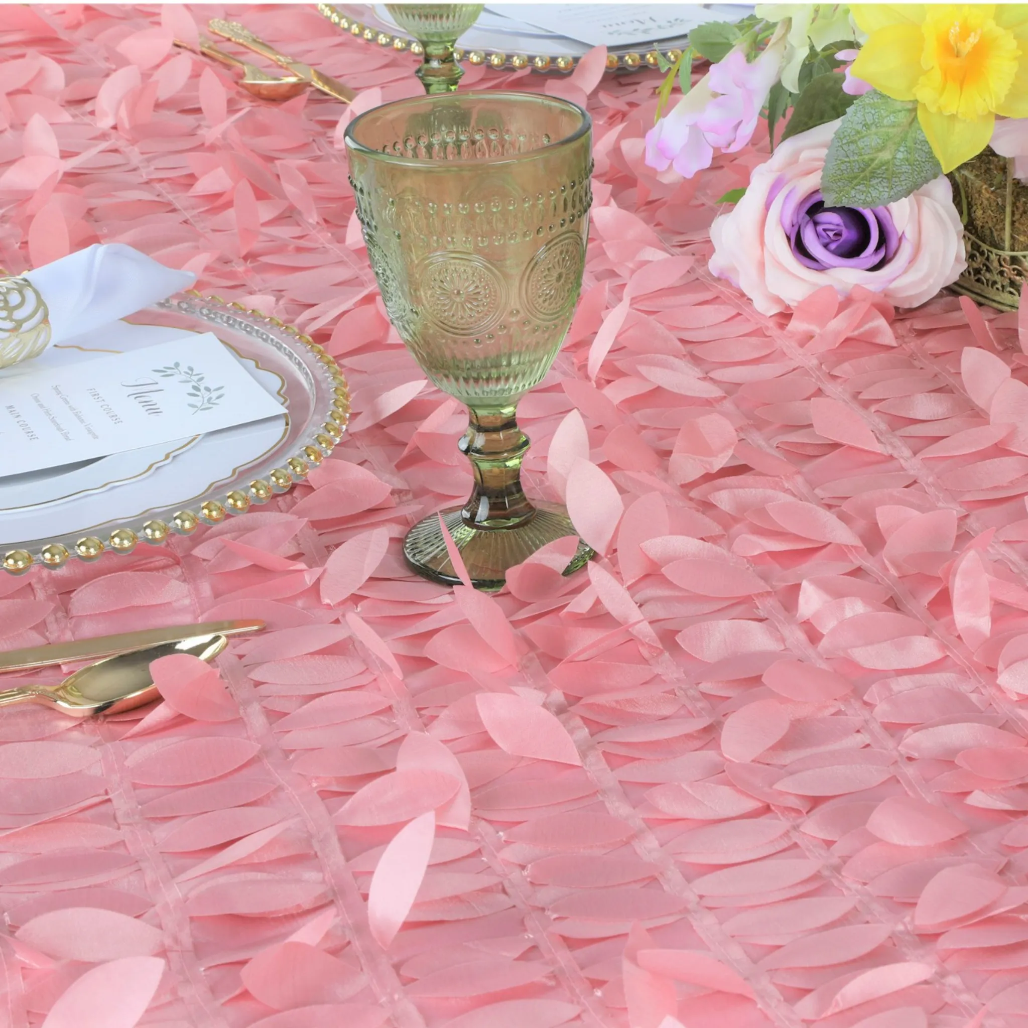 Leaf Petal Taffeta Table Overlay Topper 90"x90" Square - Dusty Rose/Mauve