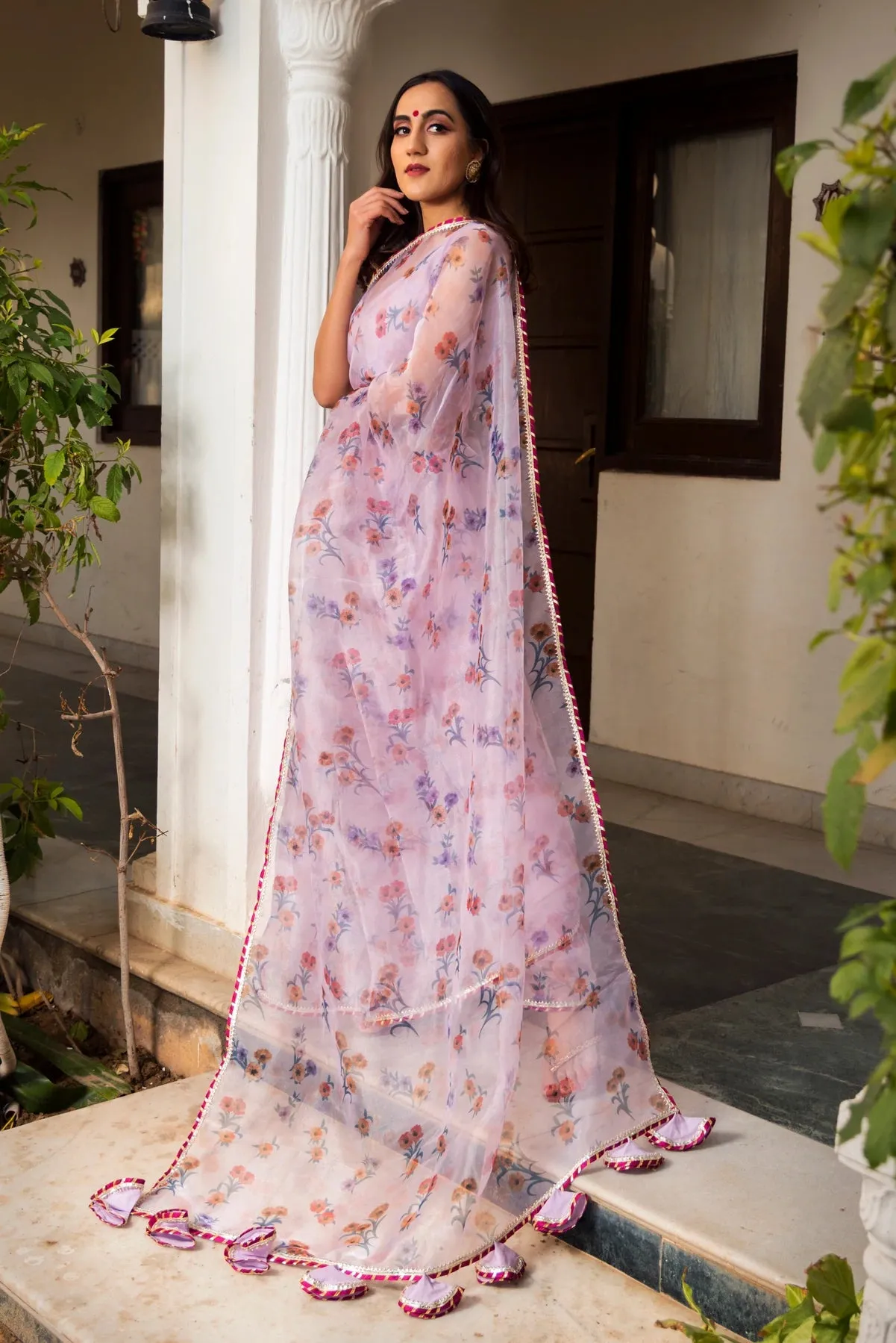 Light Purple Organza Printed Saree with Cotton Blouse