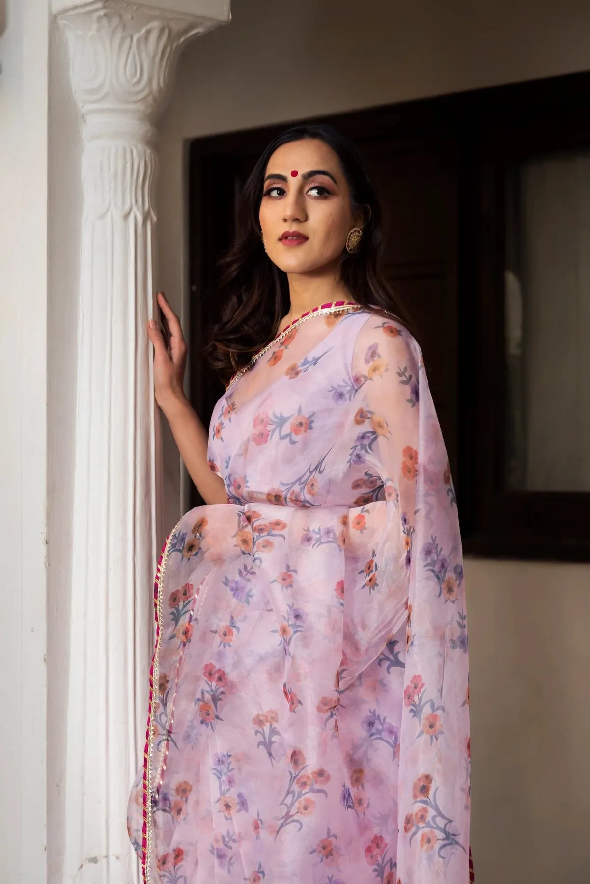 Light Purple Organza Printed Saree with Cotton Blouse