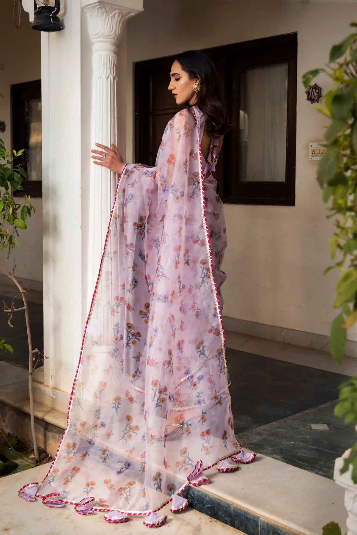 Light Purple Organza Printed Saree with Cotton Blouse