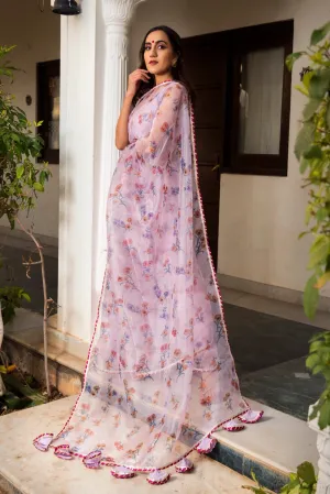 Light Purple Organza Printed Saree with Cotton Blouse