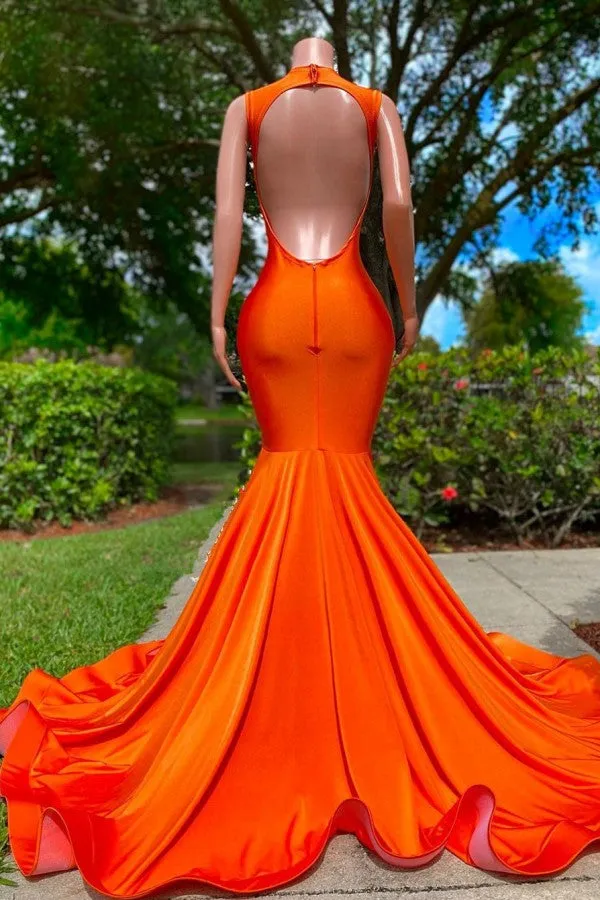Long Mermaid Deep Sequined V-neck Stretch Satin Backless Prom Dress with Appliques