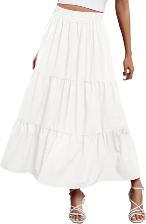 Long Skirts for Women Boho Flowy Maxi Skirt Summer Swing Tiered A-Line Skirt Elastic Waist Pleated Solid Beach Dress