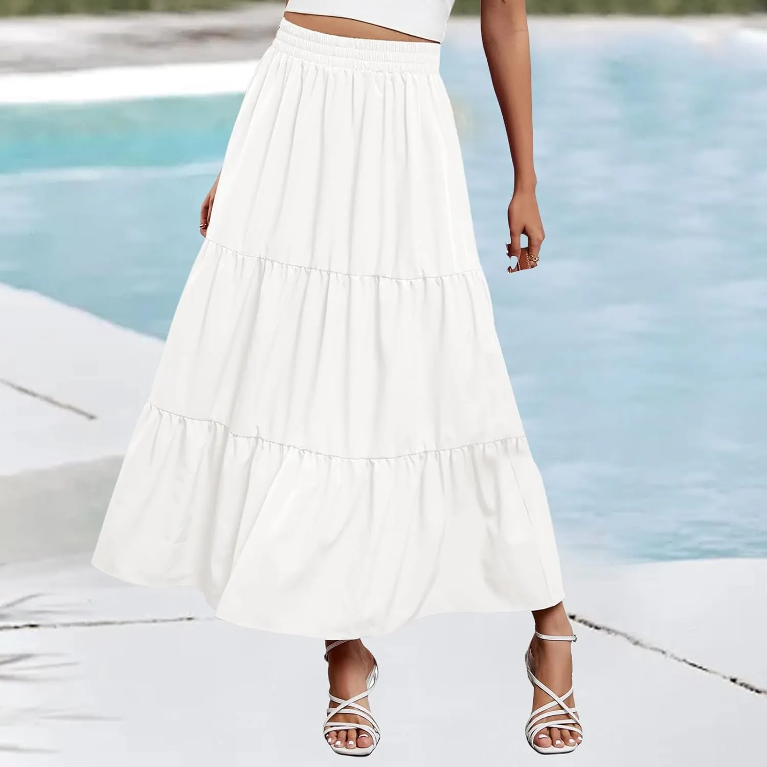 Long Skirts for Women Boho Flowy Maxi Skirt Summer Swing Tiered A-Line Skirt Elastic Waist Pleated Solid Beach Dress