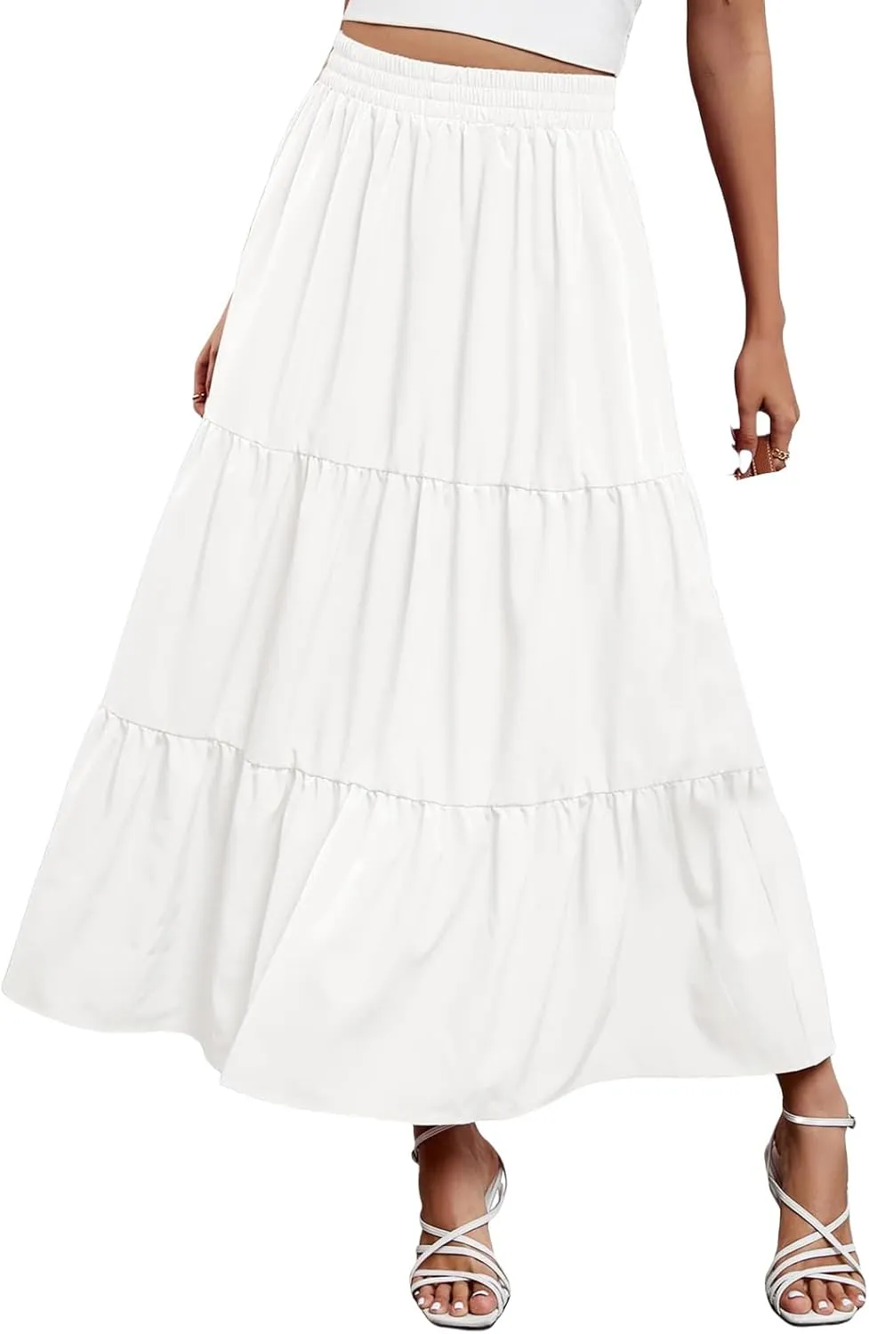 Long Skirts for Women Boho Flowy Maxi Skirt Summer Swing Tiered A-Line Skirt Elastic Waist Pleated Solid Beach Dress