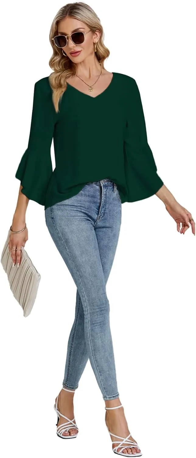 LYANER Women's Casual V Neck Ruffle Bell Half Sleeve Blouse Shirt Tunic Top
