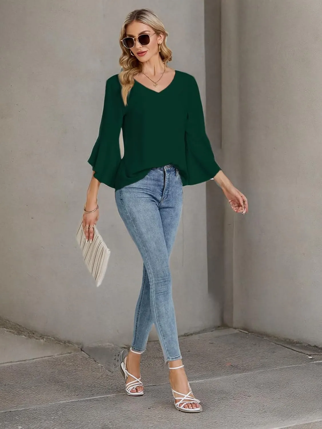 LYANER Women's Casual V Neck Ruffle Bell Half Sleeve Blouse Shirt Tunic Top