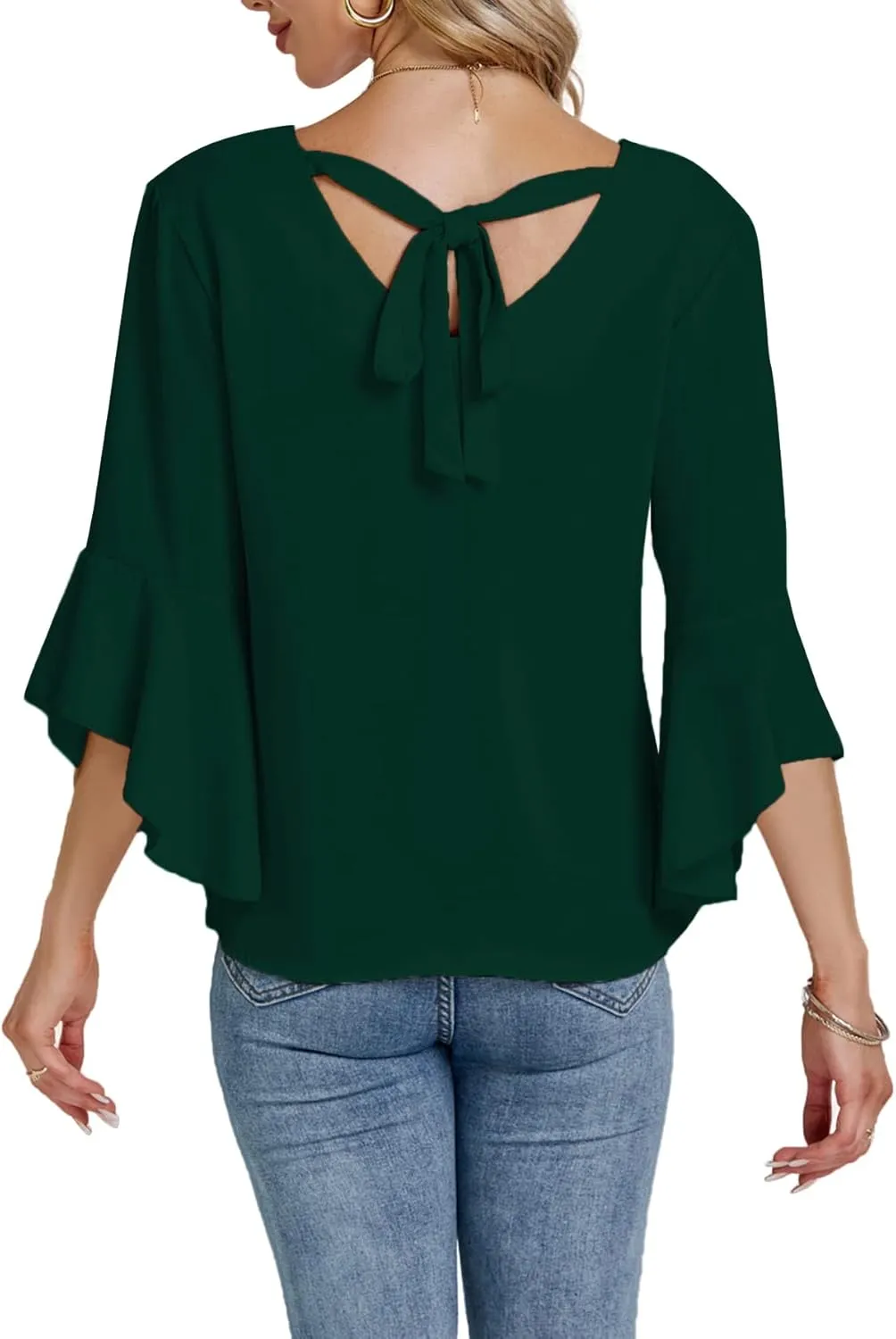 LYANER Women's Casual V Neck Ruffle Bell Half Sleeve Blouse Shirt Tunic Top