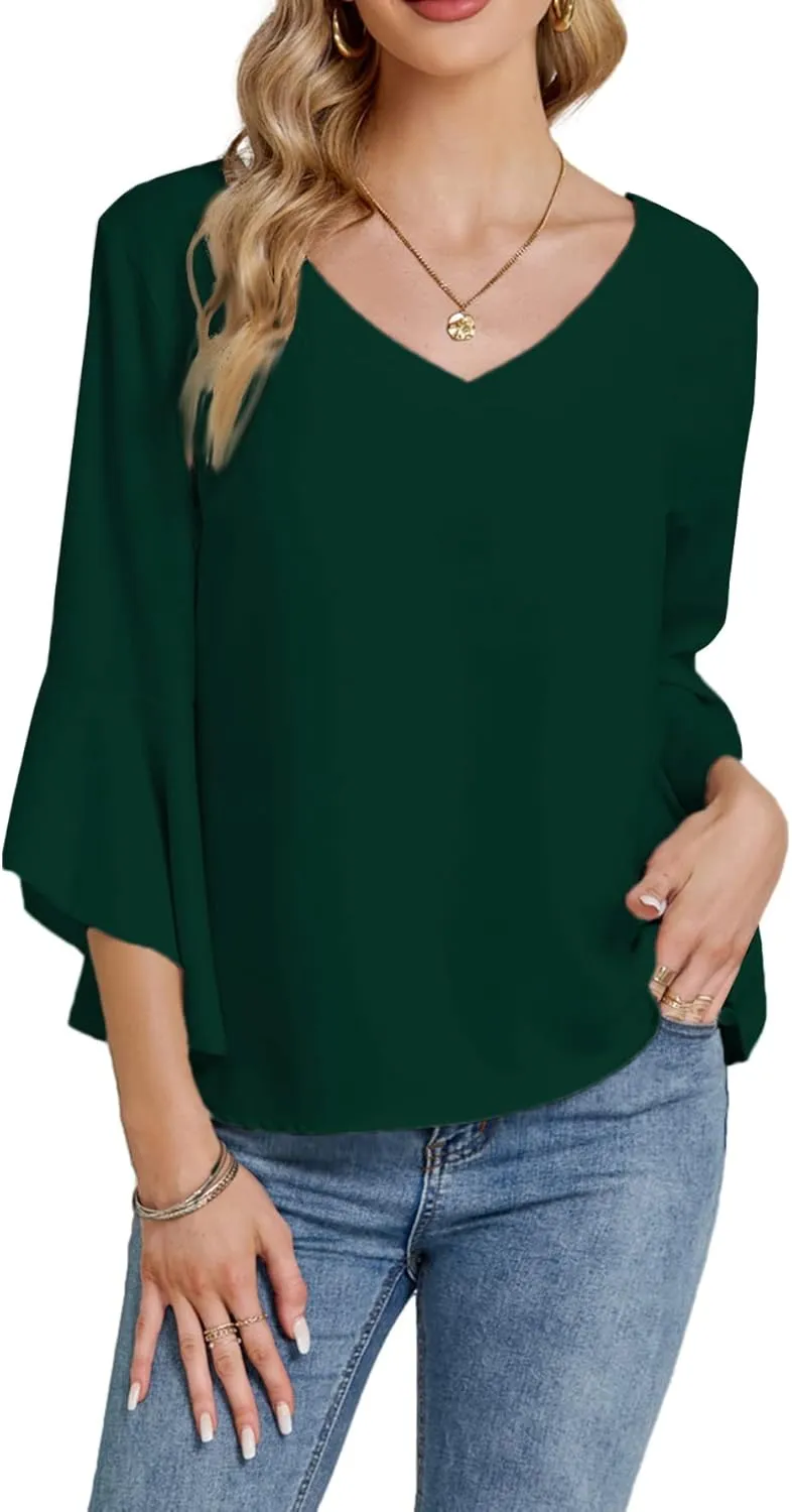 LYANER Women's Casual V Neck Ruffle Bell Half Sleeve Blouse Shirt Tunic Top
