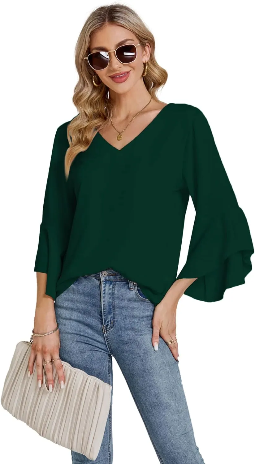 LYANER Women's Casual V Neck Ruffle Bell Half Sleeve Blouse Shirt Tunic Top