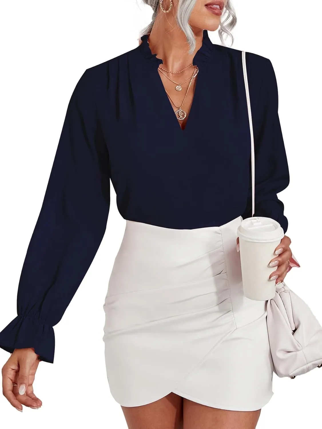 LYANER Women's Ruffle V Neck Solid Long Sleeve Chiffon Blouse Shirt Top