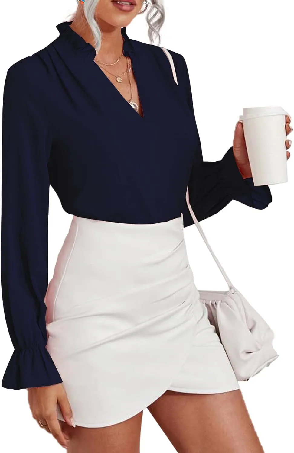 LYANER Women's Ruffle V Neck Solid Long Sleeve Chiffon Blouse Shirt Top