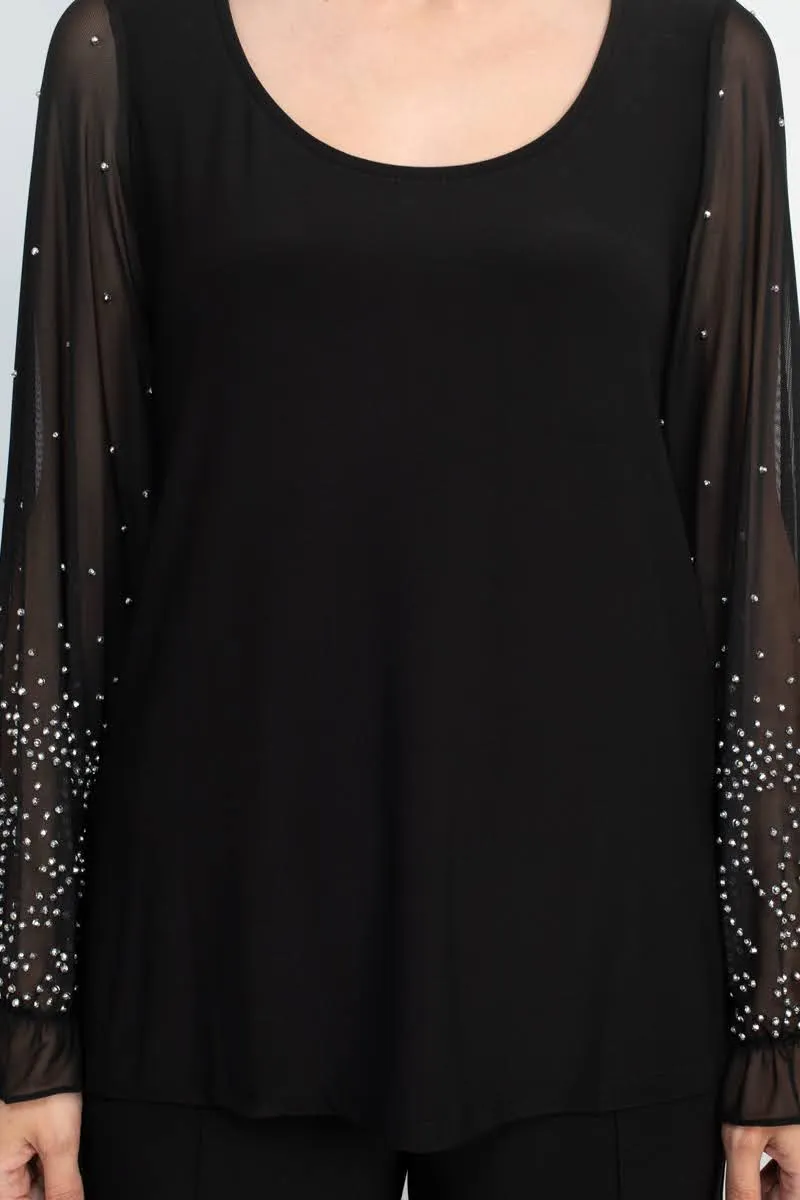 Marina Scoop Neck Embellished Chiffon Long Sleeve Slit Side Top and Elastic Mid Waist Wide Leg Jersey Two Piece Pant Set