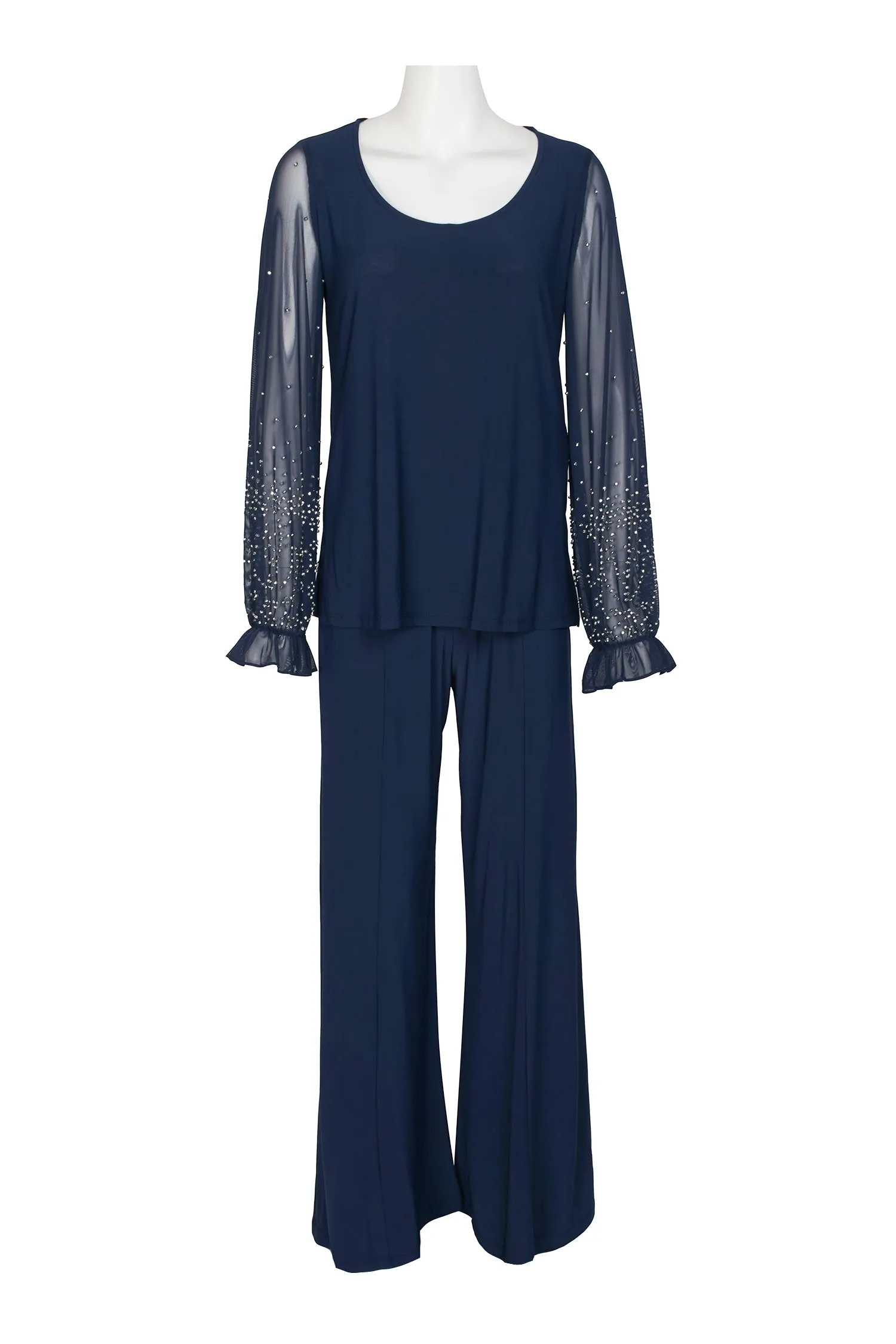 Marina Scoop Neck Embellished Chiffon Long Sleeve Slit Side Top and Elastic Mid Waist Wide Leg Jersey Two Piece Pant Set