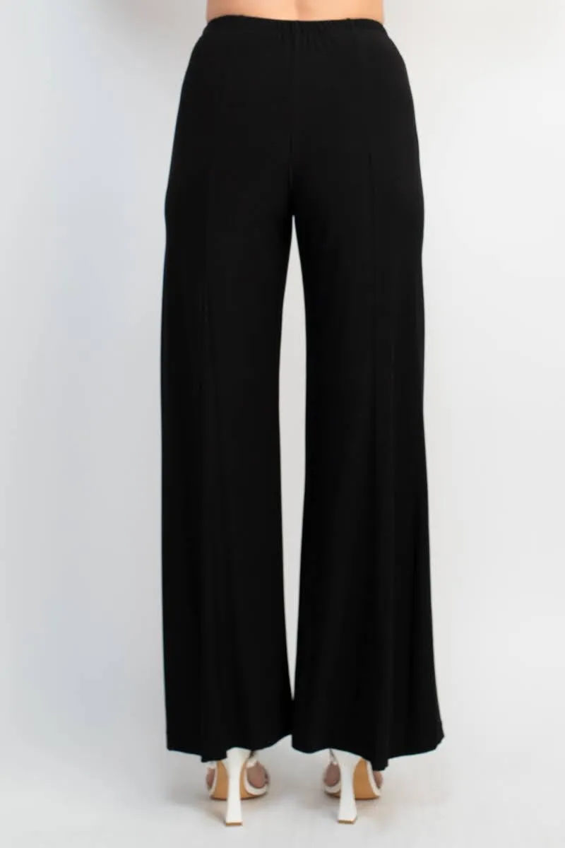 Marina Scoop Neck Embellished Chiffon Long Sleeve Slit Side Top and Elastic Mid Waist Wide Leg Jersey Two Piece Pant Set