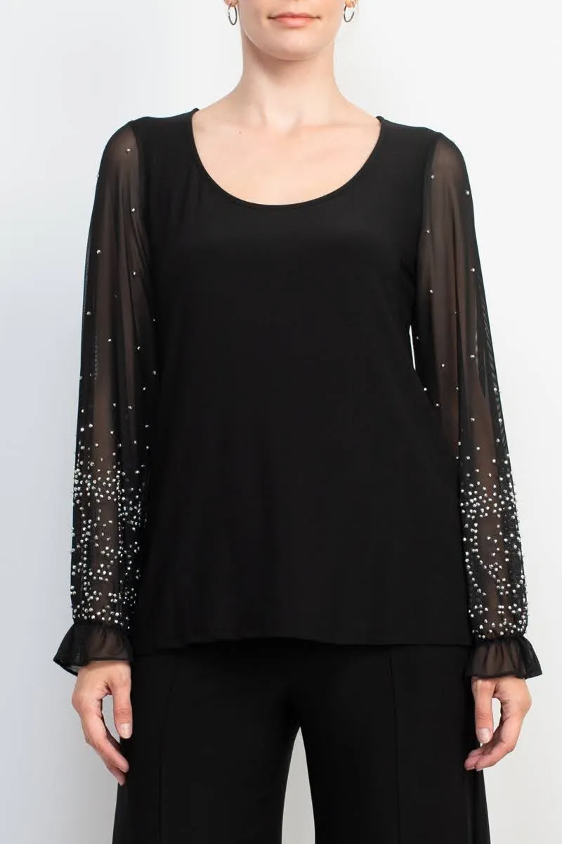 Marina Scoop Neck Embellished Chiffon Long Sleeve Slit Side Top and Elastic Mid Waist Wide Leg Jersey Two Piece Pant Set