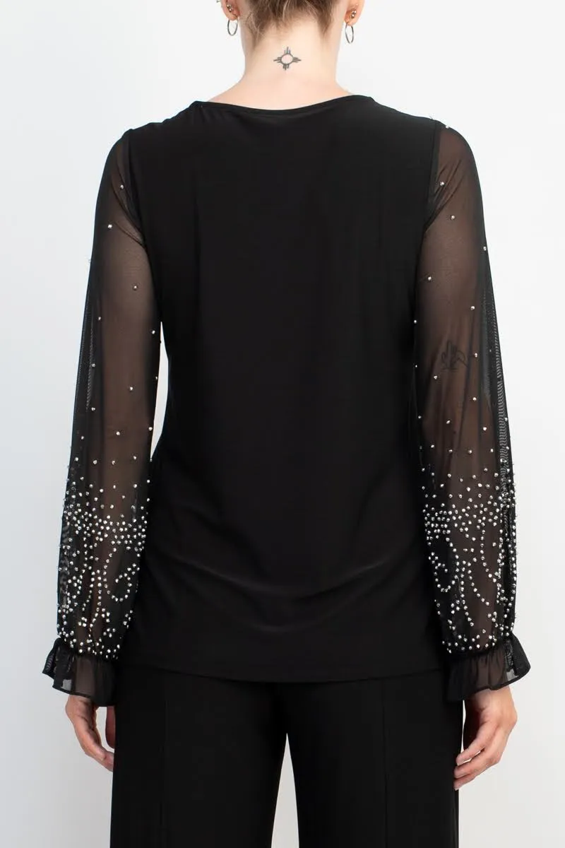 Marina Scoop Neck Embellished Chiffon Long Sleeve Slit Side Top and Elastic Mid Waist Wide Leg Jersey Two Piece Pant Set