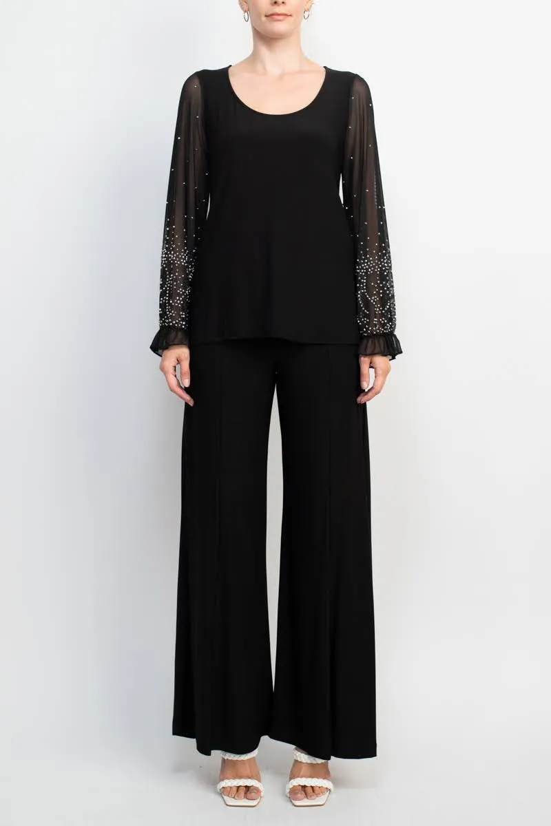 Marina Scoop Neck Embellished Chiffon Long Sleeve Slit Side Top and Elastic Mid Waist Wide Leg Jersey Two Piece Pant Set