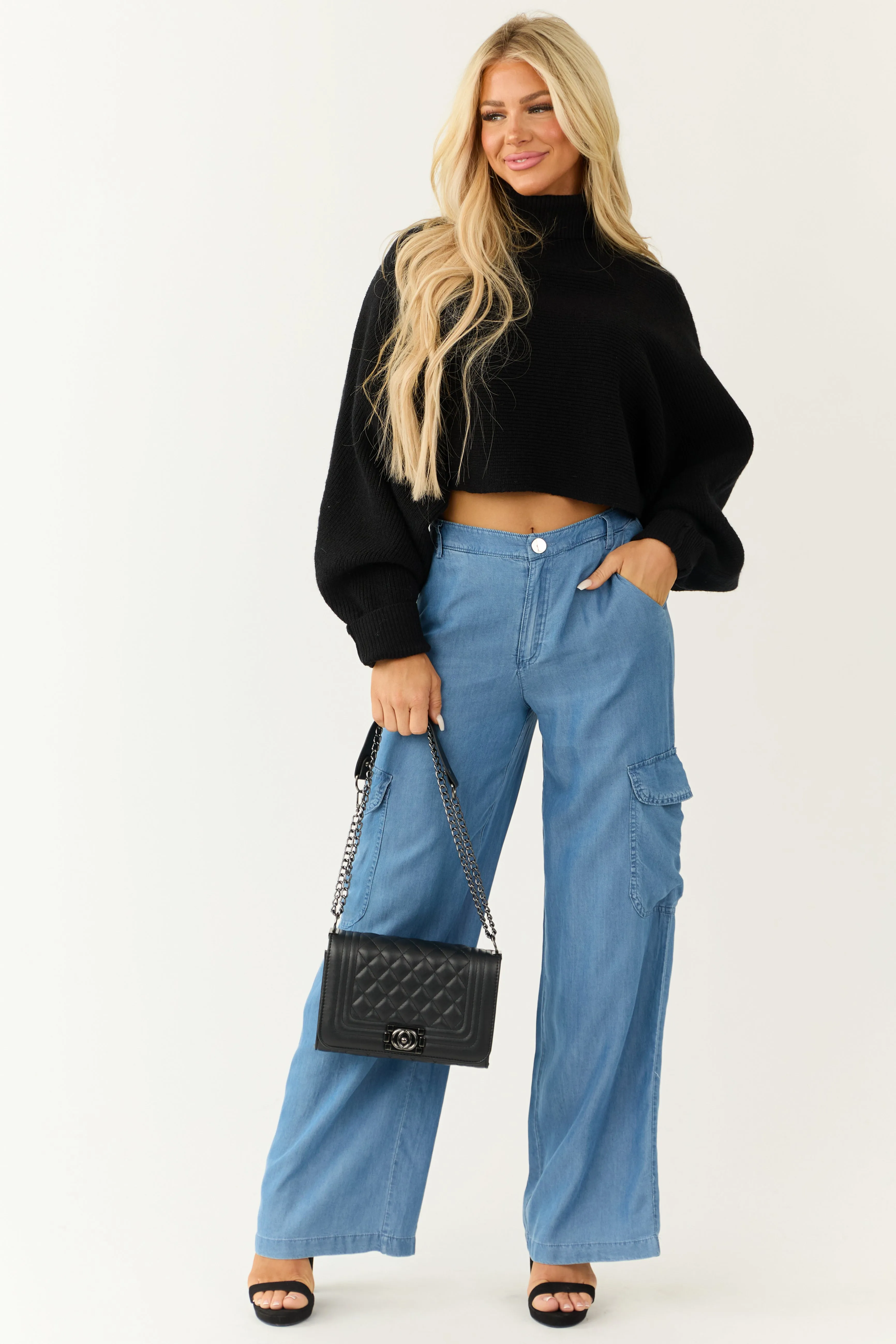 Medium Wash Wide Leg Cargo Lightweight Pants