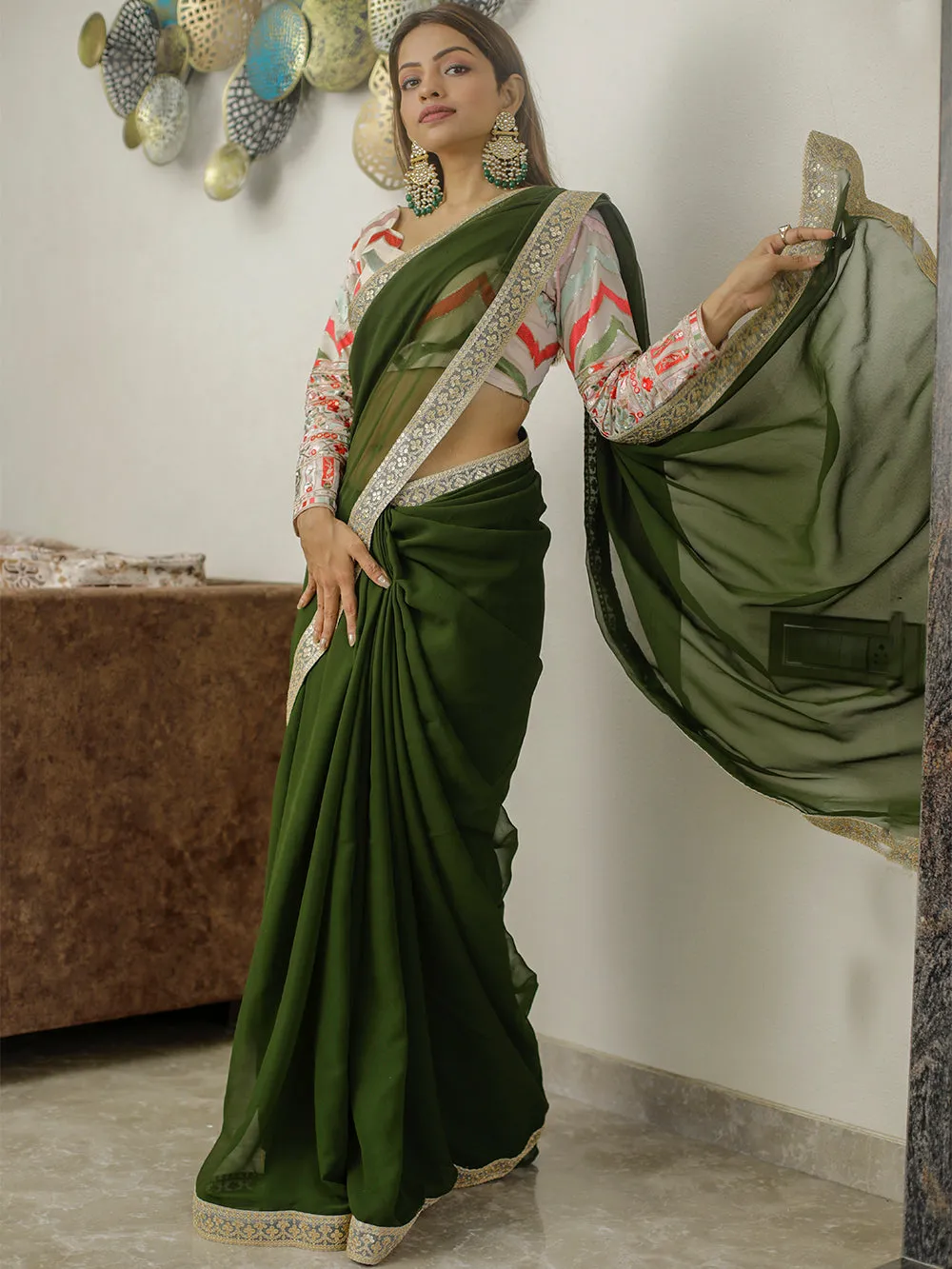Mehendi Color Sequins & Thread Embroidery Lace Border Georgette Saree