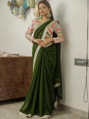 Mehendi Color Sequins & Thread Embroidery Lace Border Georgette Saree