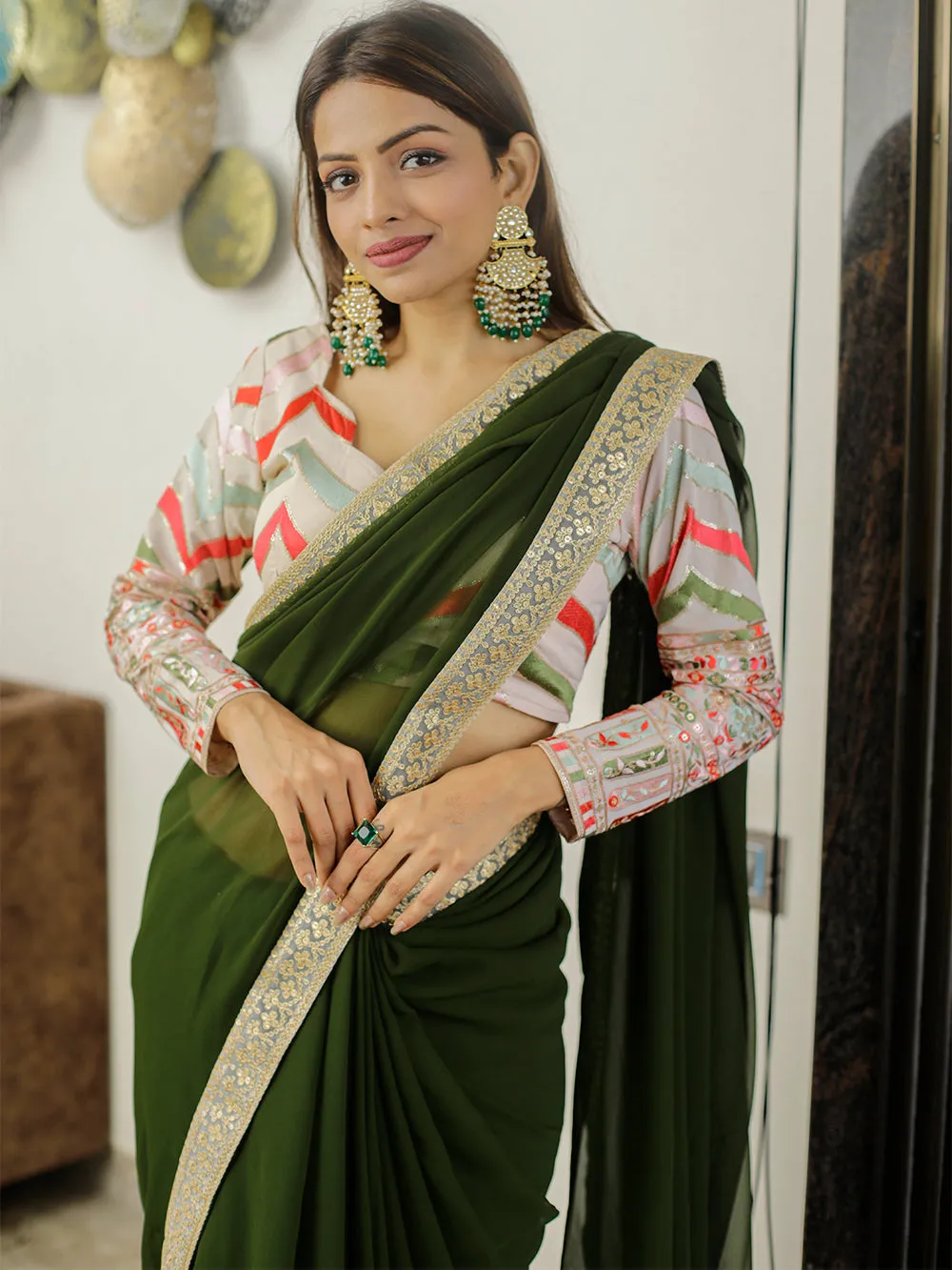 Mehendi Color Sequins & Thread Embroidery Lace Border Georgette Saree