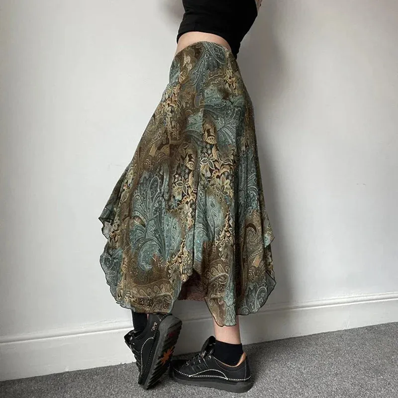 Metaversmall Grunge Fairycore Loose Y2K Maxi Skirt Female Asymmetrical Graphic Printed Vintage Party Skirt Long Tierred Two-Layers