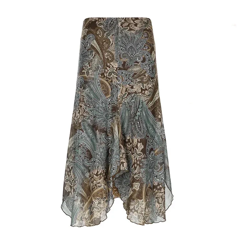Metaversmall Grunge Fairycore Loose Y2K Maxi Skirt Female Asymmetrical Graphic Printed Vintage Party Skirt Long Tierred Two-Layers