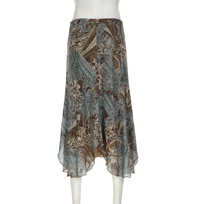 Metaversmall Grunge Fairycore Loose Y2K Maxi Skirt Female Asymmetrical Graphic Printed Vintage Party Skirt Long Tierred Two-Layers
