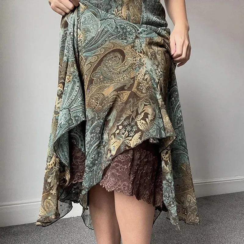 Metaversmall Grunge Fairycore Loose Y2K Maxi Skirt Female Asymmetrical Graphic Printed Vintage Party Skirt Long Tierred Two-Layers