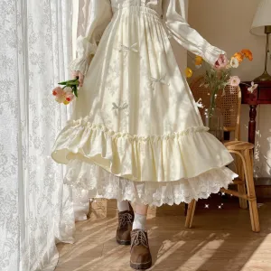 Mori Girl White Cream Bow Long Elastic Gathered Waist Skirt