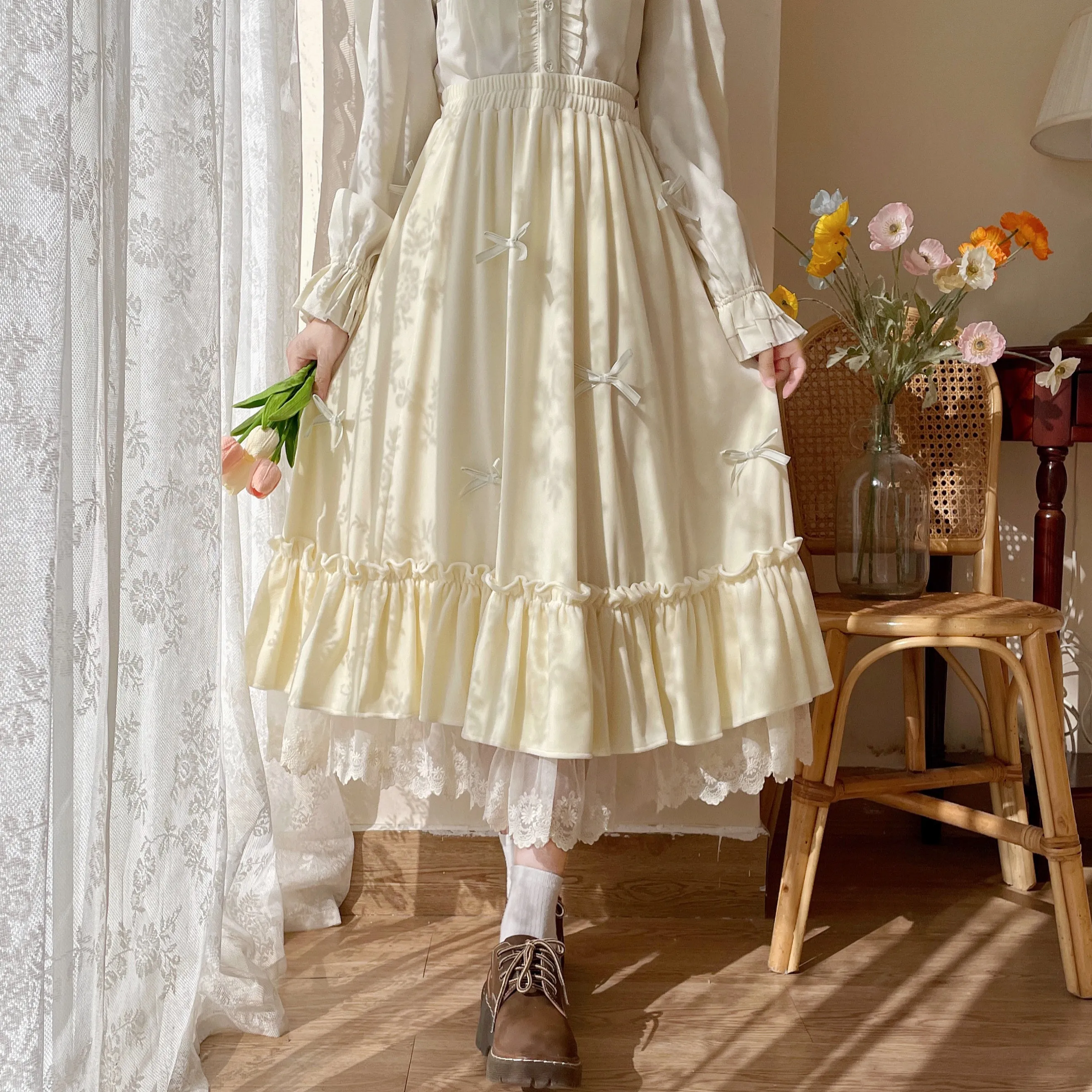Mori Girl White Cream Bow Long Elastic Gathered Waist Skirt