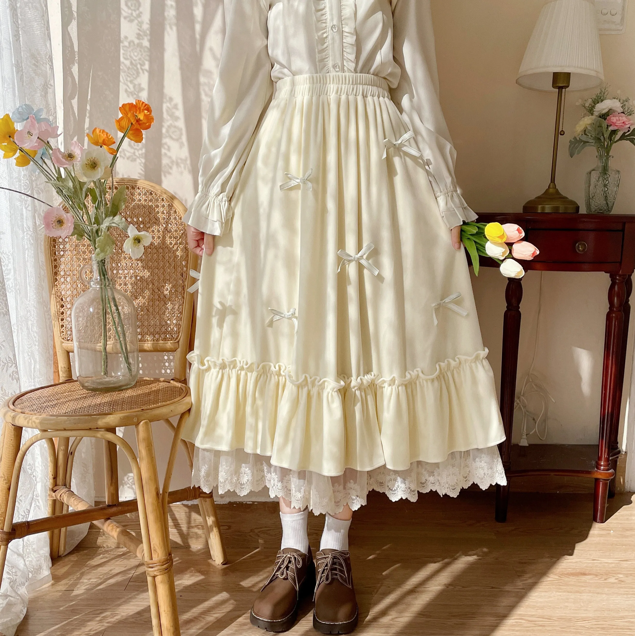 Mori Girl White Cream Bow Long Elastic Gathered Waist Skirt