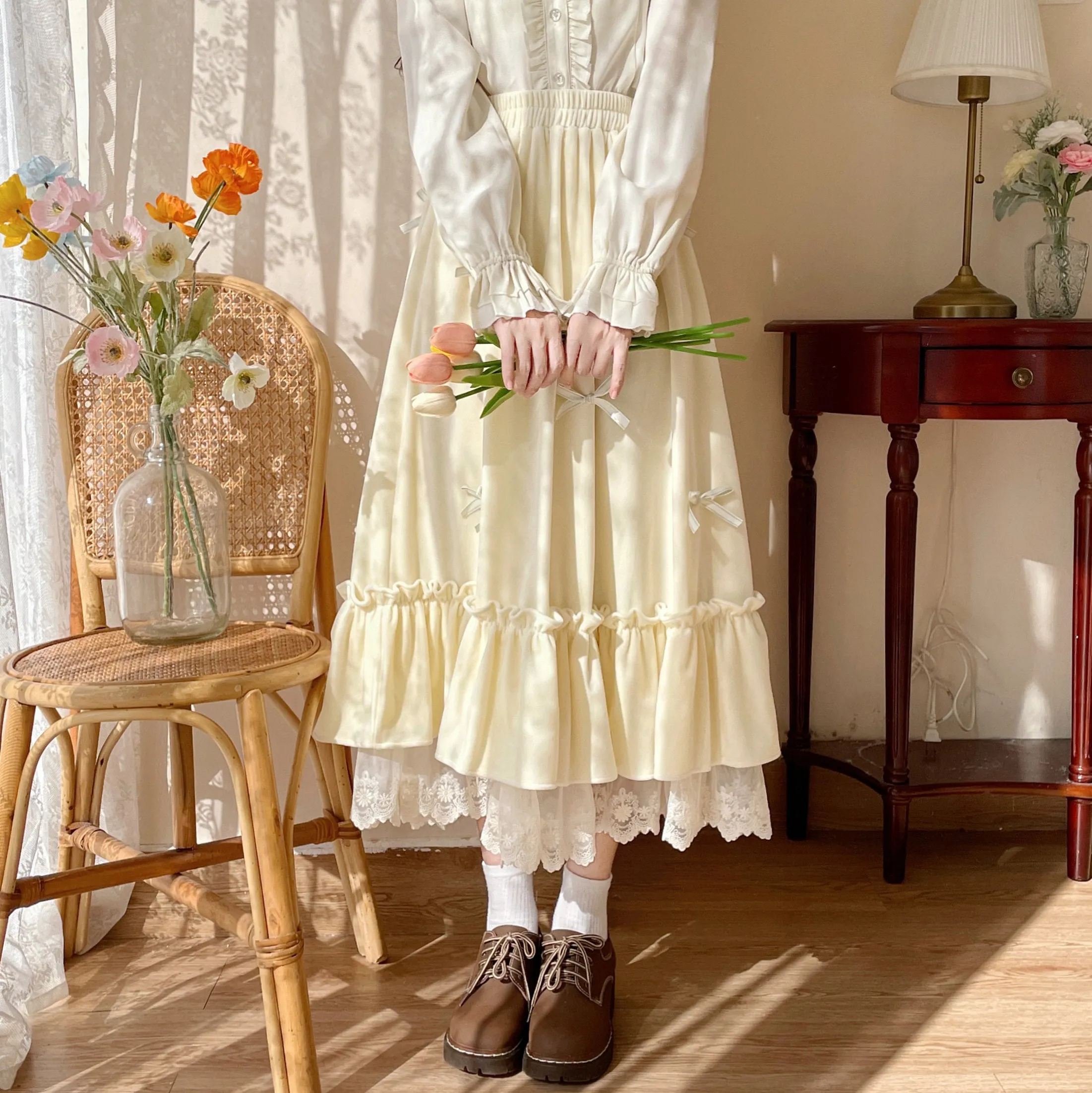 Mori Girl White Cream Bow Long Elastic Gathered Waist Skirt
