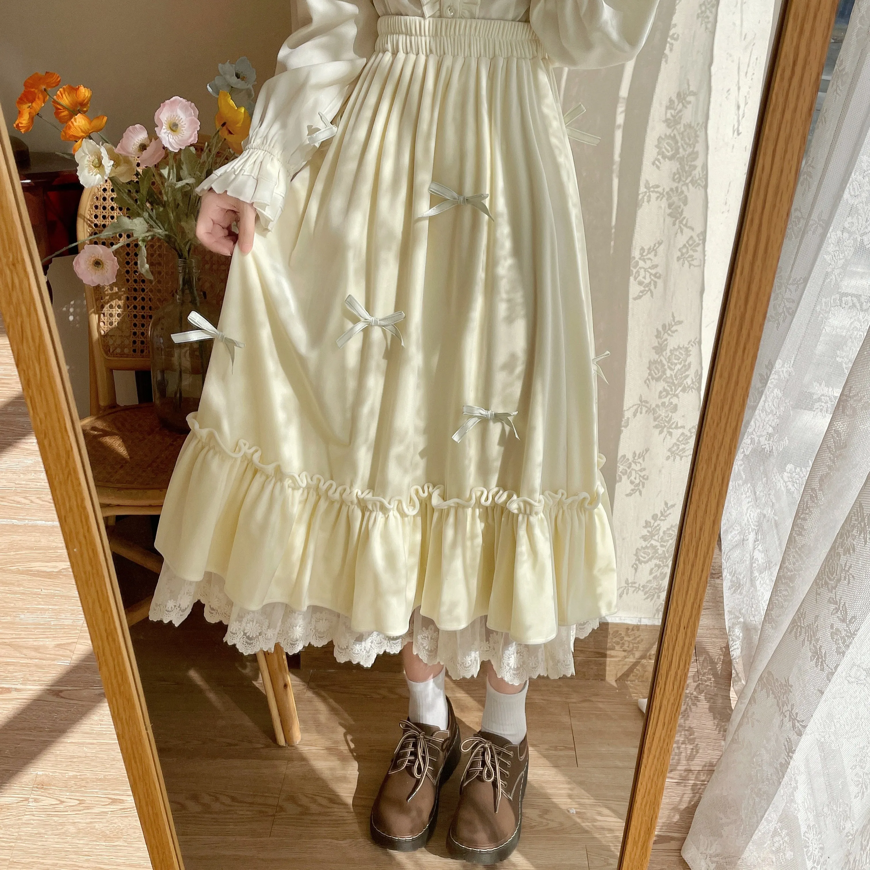 Mori Girl White Cream Bow Long Elastic Gathered Waist Skirt