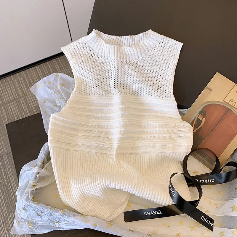 Niche Hollowed-Out Cropped Sleeveless Knitted Tank Top