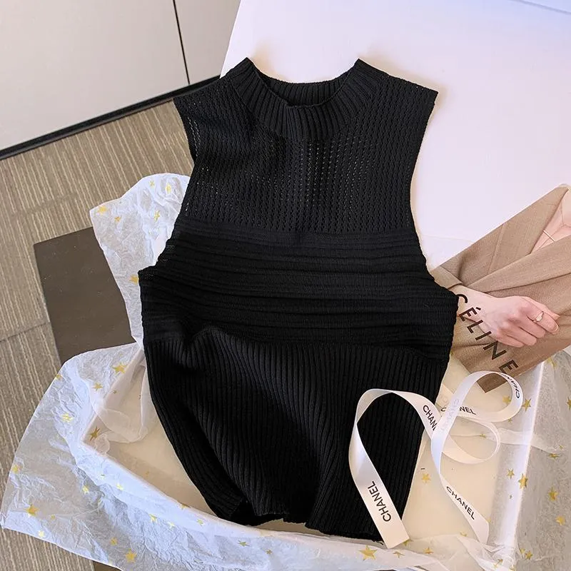 Niche Hollowed-Out Cropped Sleeveless Knitted Tank Top