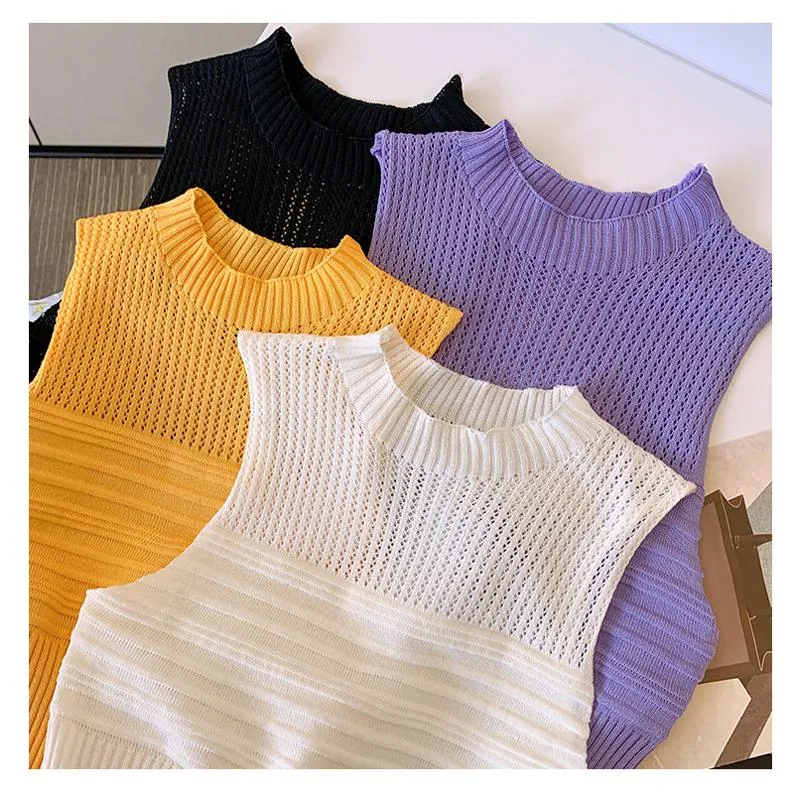 Niche Hollowed-Out Cropped Sleeveless Knitted Tank Top