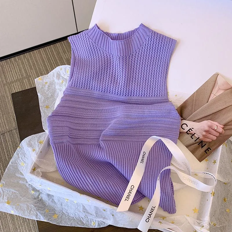 Niche Hollowed-Out Cropped Sleeveless Knitted Tank Top