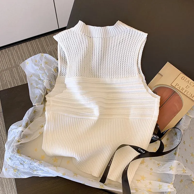 Niche Hollowed-Out Cropped Sleeveless Knitted Tank Top