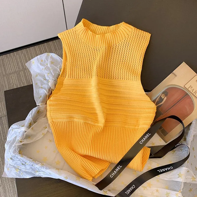 Niche Hollowed-Out Cropped Sleeveless Knitted Tank Top