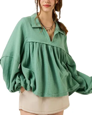 noflik Boho Casual Oversized Collared v-Neckline Long Bubble Sleeve Loose Flowy 100% Cotton Gauze Babydoll Blouse Top