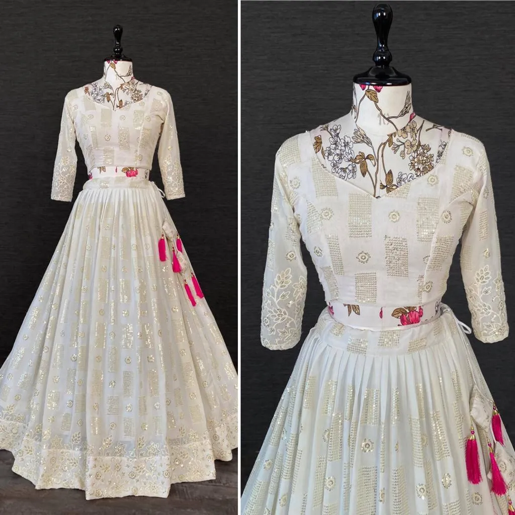 Off White Leaf Georgette Embroidery Lehenga Choli
