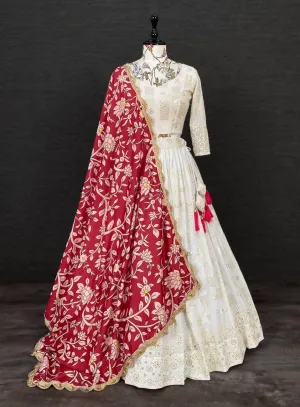 Off White Leaf Georgette Embroidery Lehenga Choli