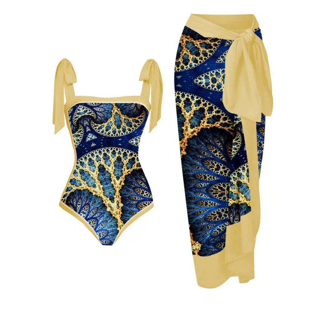 One Piece Swimsuit Multicolor Printed Sheath Gauze Skirt
