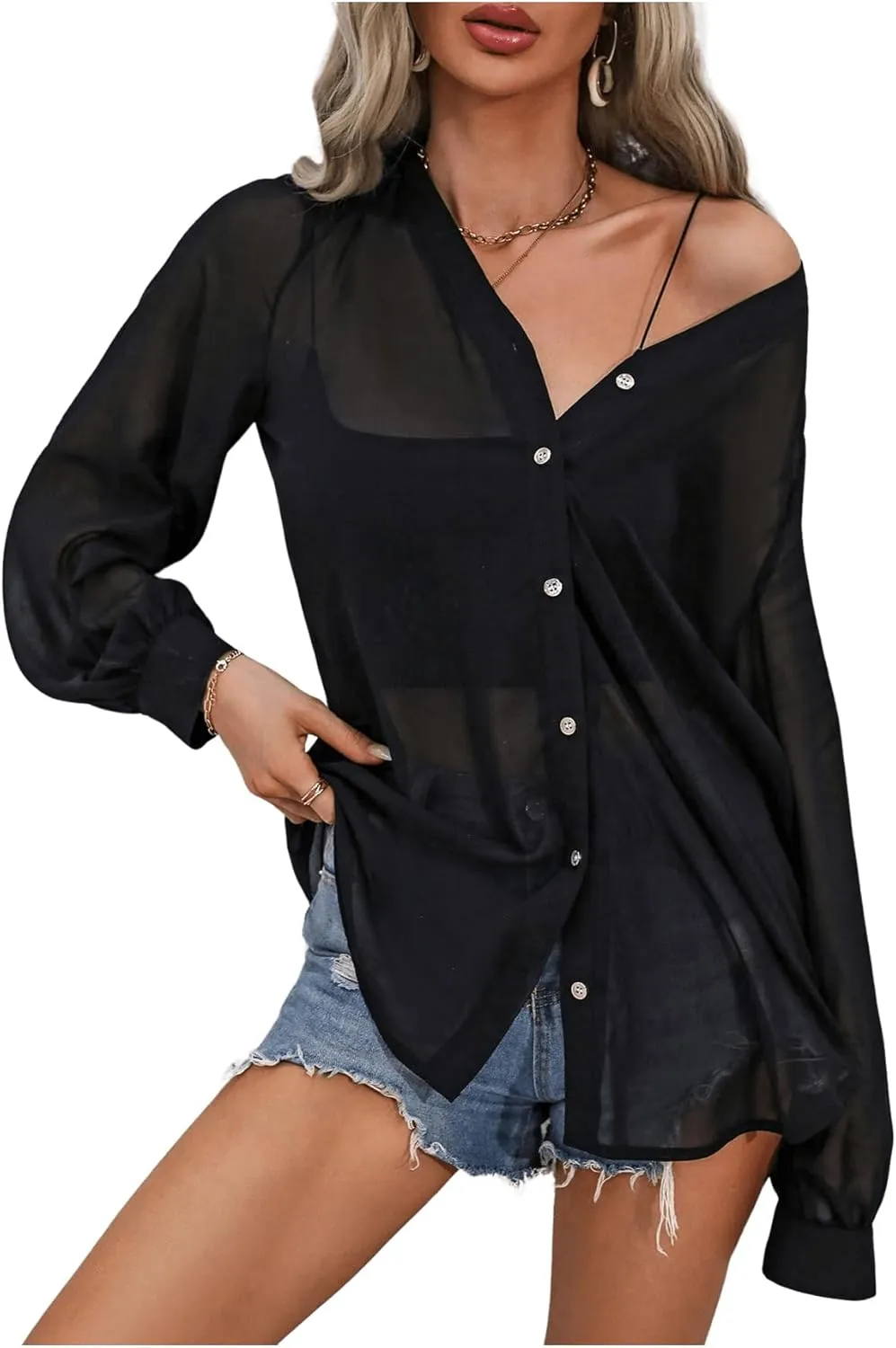 OYOANGLE Women's Sheer Button Front Long Sleeve See Through Chiffon Blouse Shirt Tops