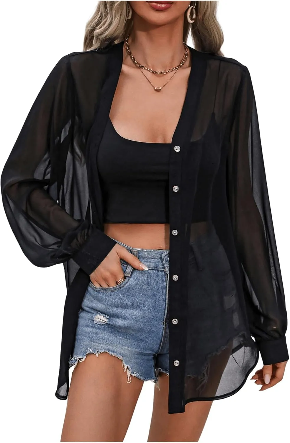 OYOANGLE Women's Sheer Button Front Long Sleeve See Through Chiffon Blouse Shirt Tops