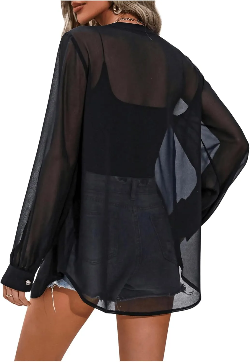 OYOANGLE Women's Sheer Button Front Long Sleeve See Through Chiffon Blouse Shirt Tops